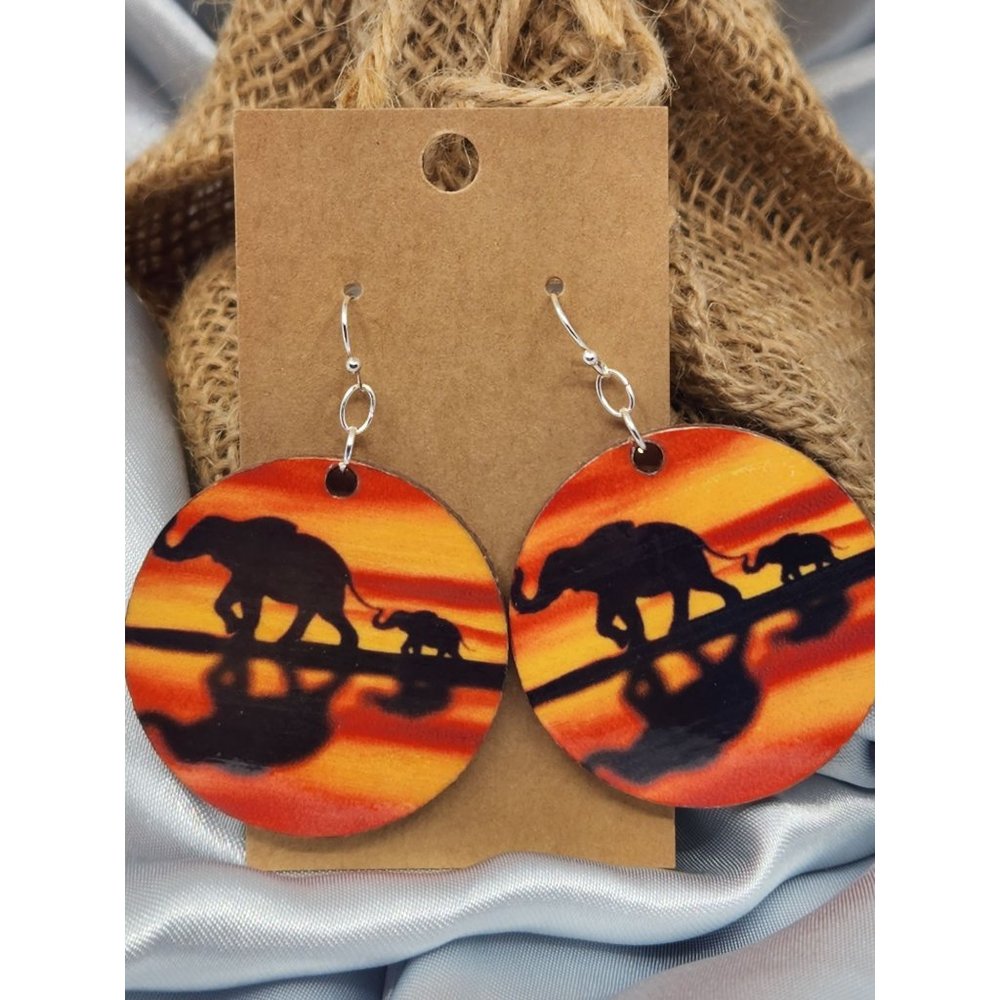 Elephant Sunset Earrings, Baltic Birch Wood, New, Lightweight.